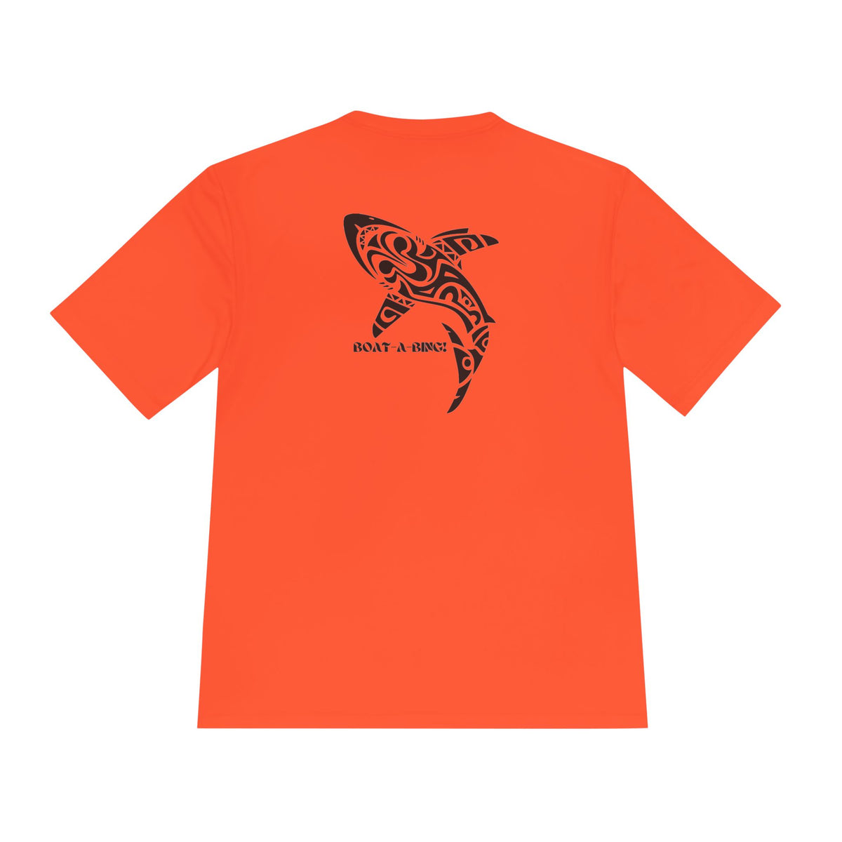 Boat-A-Bing! Tiki Shark moisture-wicking performance tee — tiki-idol shark printed big across the back, boat logo on the left chest.